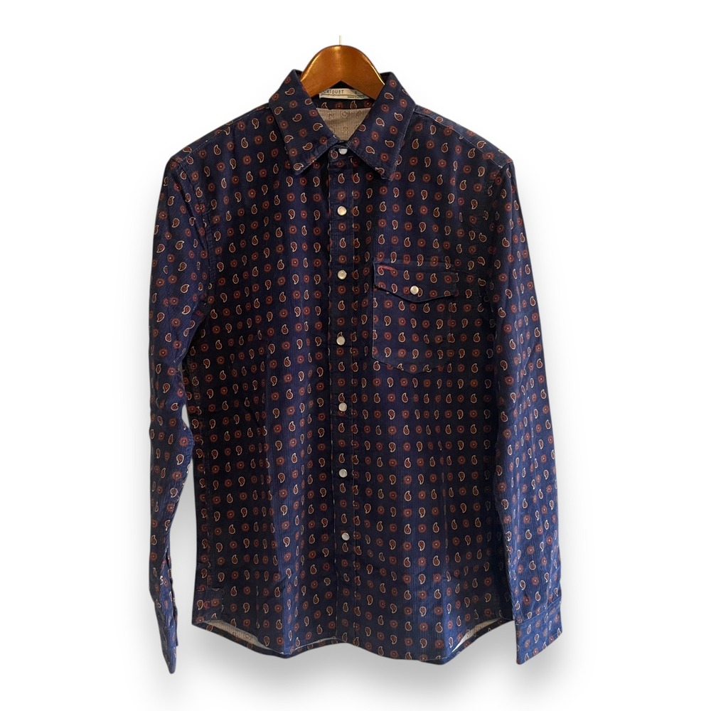 Criquet Mens Navy Corduroy Paisley Pearl Snap Front Western Shirt Small NWT